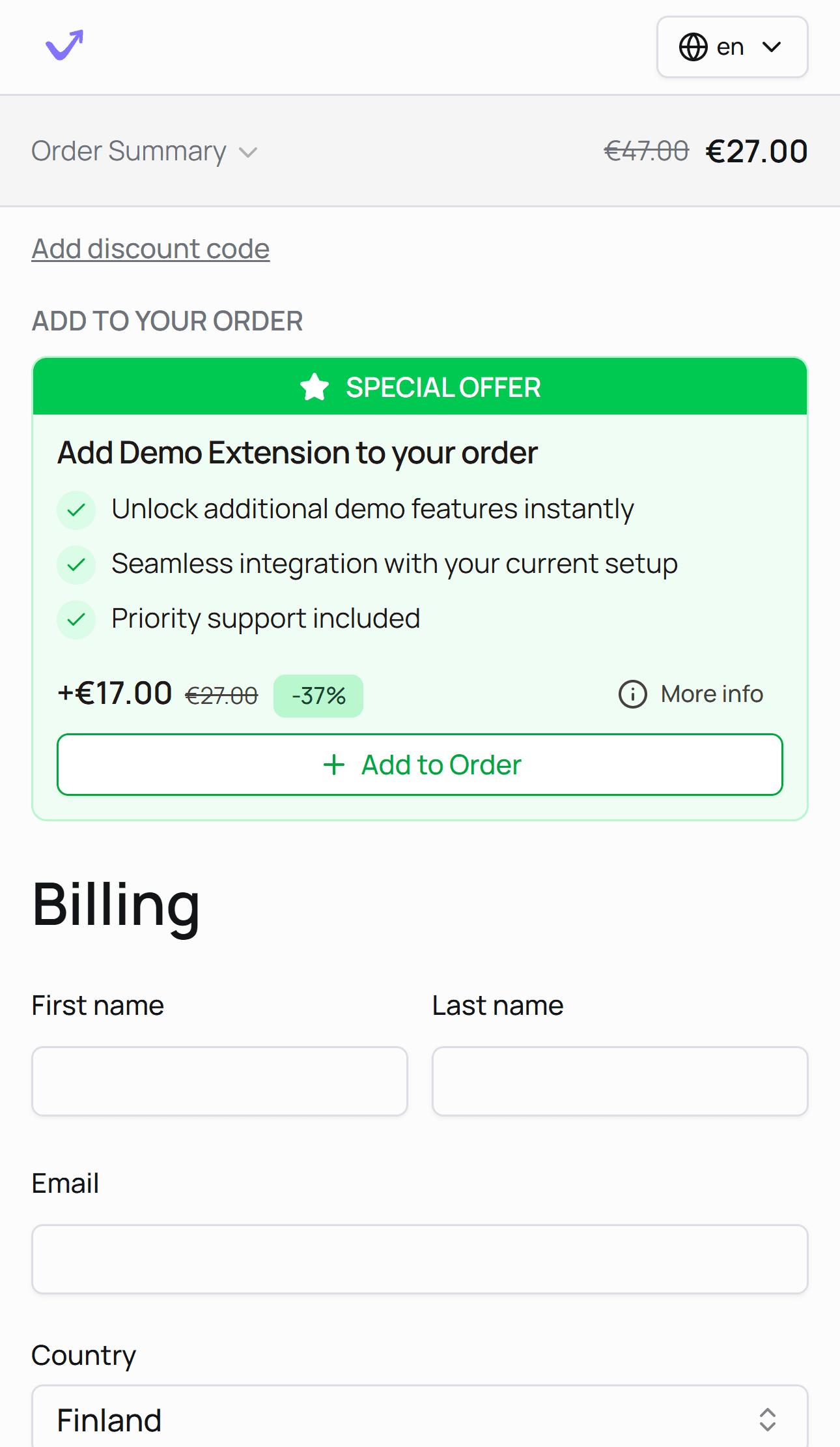 Add-on product in cart